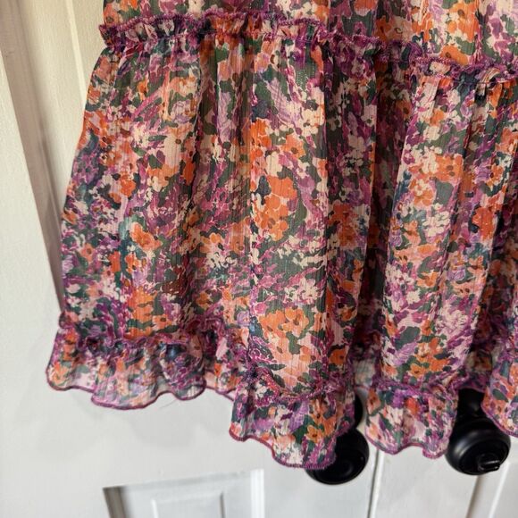 Lavender Brown Dress Smocked Long Sleeves Elastic Waist Tiered Floral Medium EUC - Picture 8 of 15